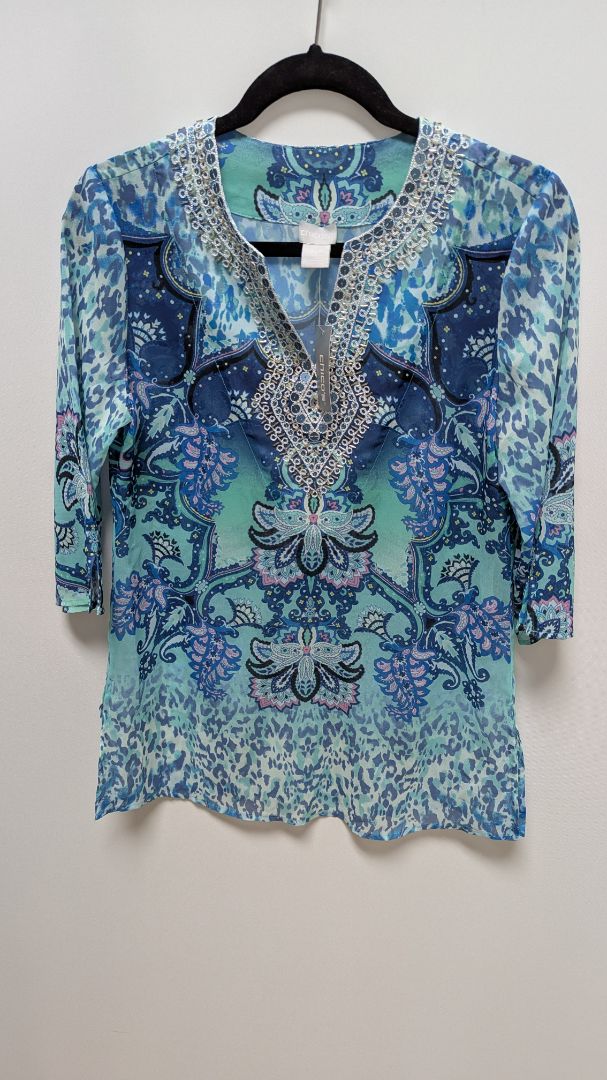 Chico's Blue Coastal Mix Embellished Tunic Blouse