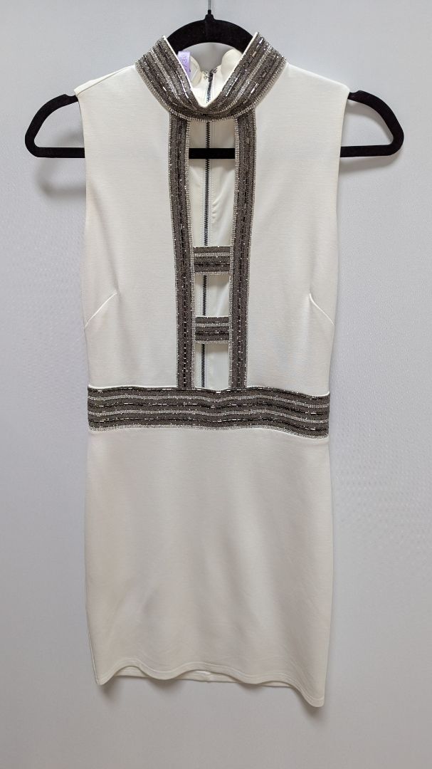Bebe Ivory Embellished Cage Cocktail Dress