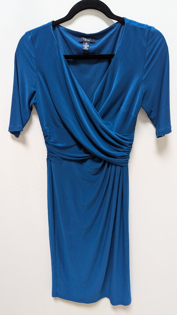 CHAPS Deep Blue Faux-Wrap Short-Sleeve Midi Dress