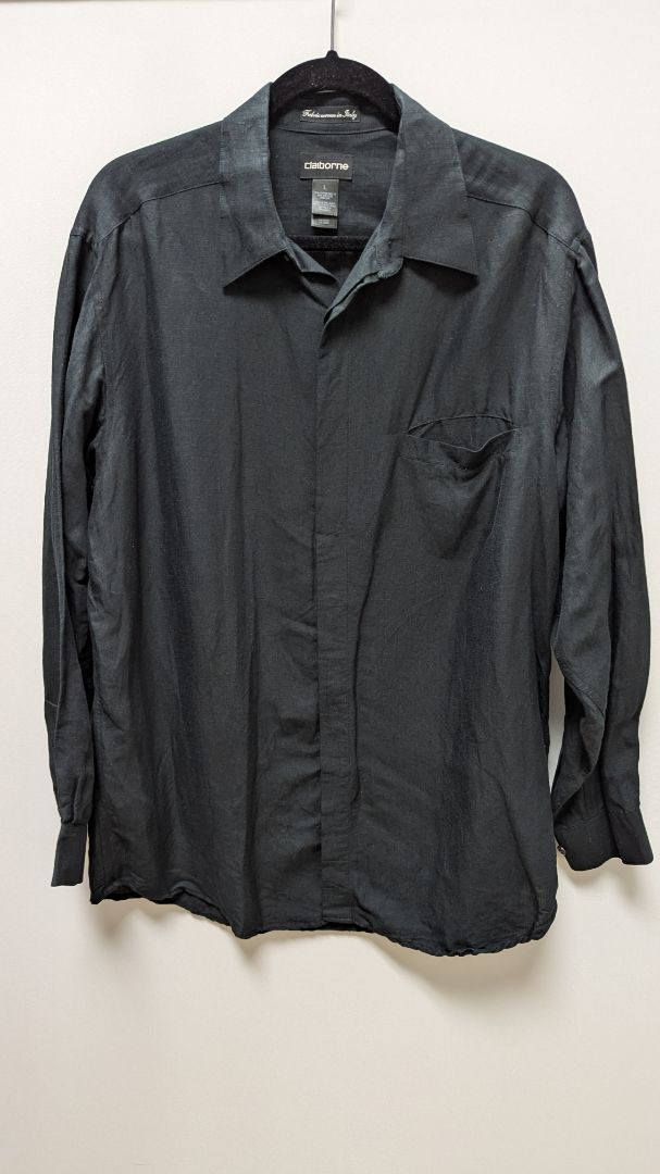 claiborne Black Long-Sleeve Linen Button-Down Blouse