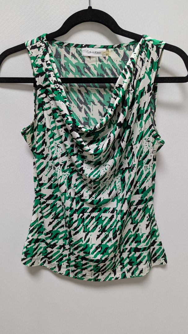 Calvin Klein Green/White/Black Houndstooth Print Sleeveless Blouse
