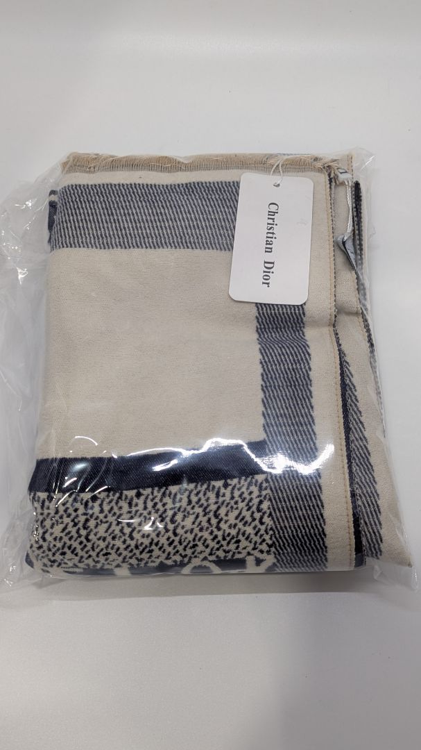 Christian Dior Navy Fringed Logo Wrap Scarf