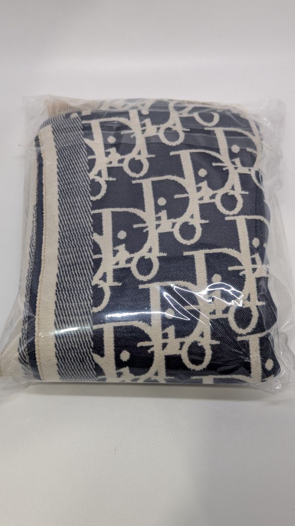Christian Dior Navy Fringed Logo Wrap Scarf
