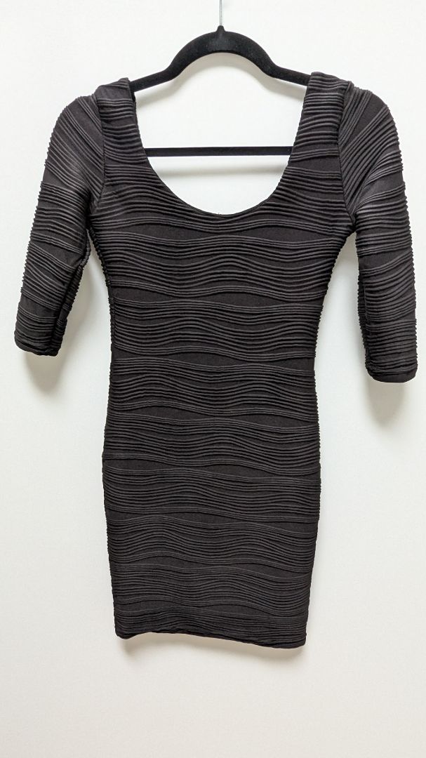 Poofy Black Textured Stretch Knit Mini Dress