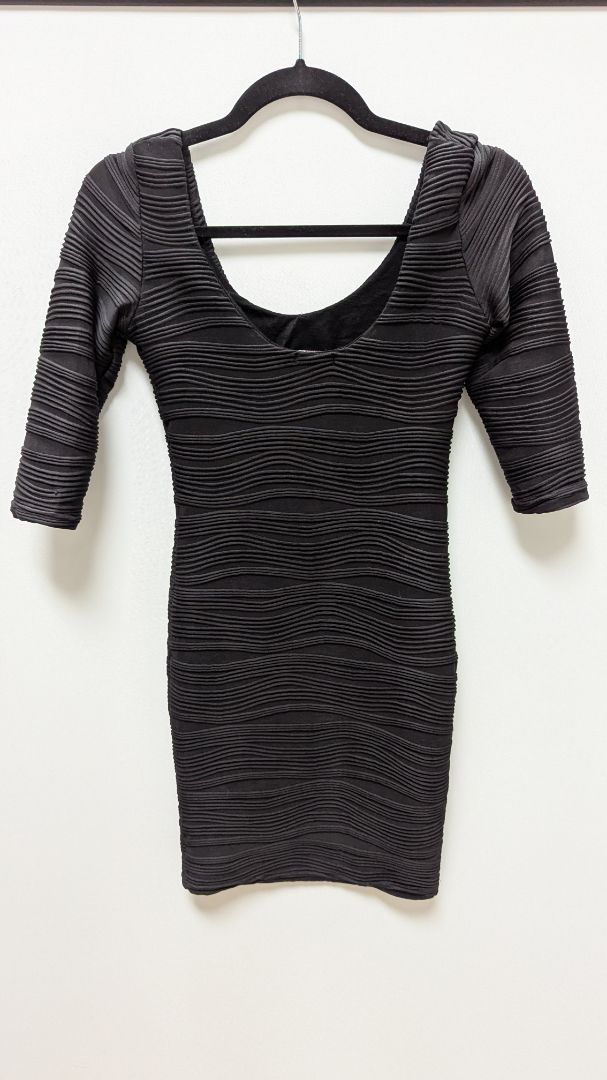Poofy Black Textured Stretch Knit Mini Dress