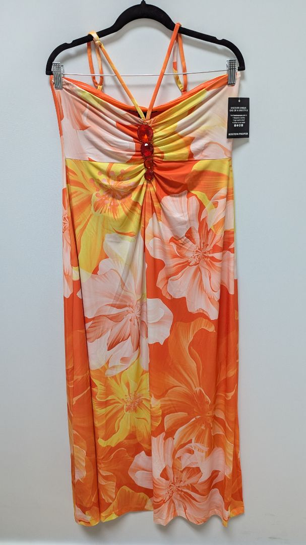 Boston Proper Orange Tropical Brooch Halter-Neck Dress