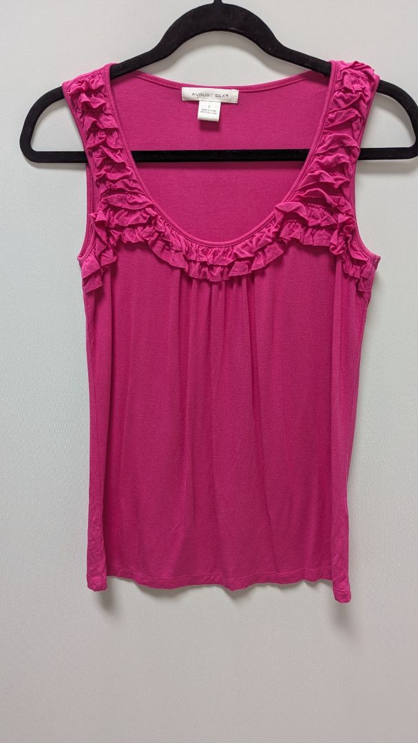 August Silk Pink Ruffled Neckline Sleeveless Blouse