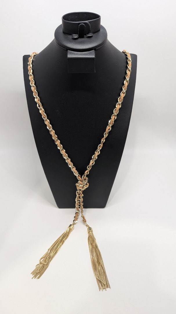 White House Black Market Gold & Leather Chain Tassel Necklace