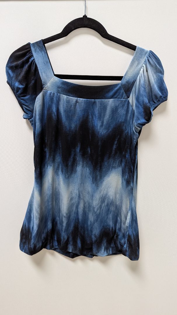dressbarn Blue/Black Patterned Short-Sleeve Blouse