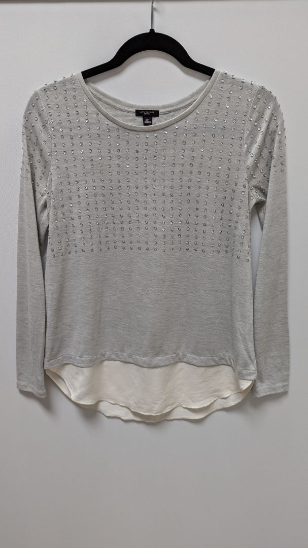 Ann Taylor Light Grey Beaded Sequin Accent Blouse