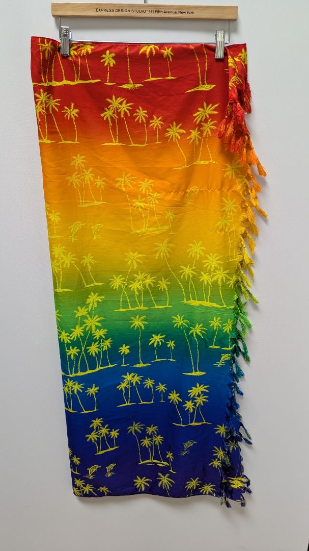 Rima Rainbow Palm Tree Print Fringed Shawl Wrap