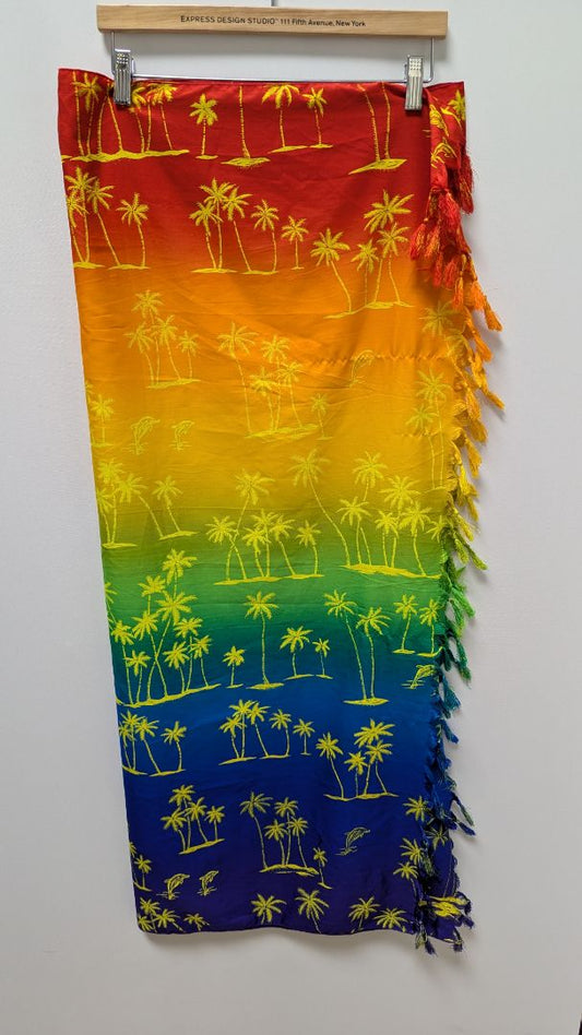 Rima Rainbow Palm Tree Print Fringed Shawl Wrap