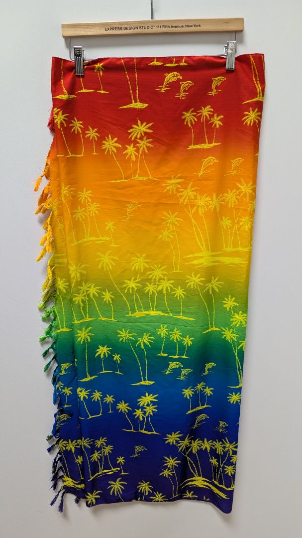 Rima Rainbow Palm Tree Print Fringed Shawl Wrap