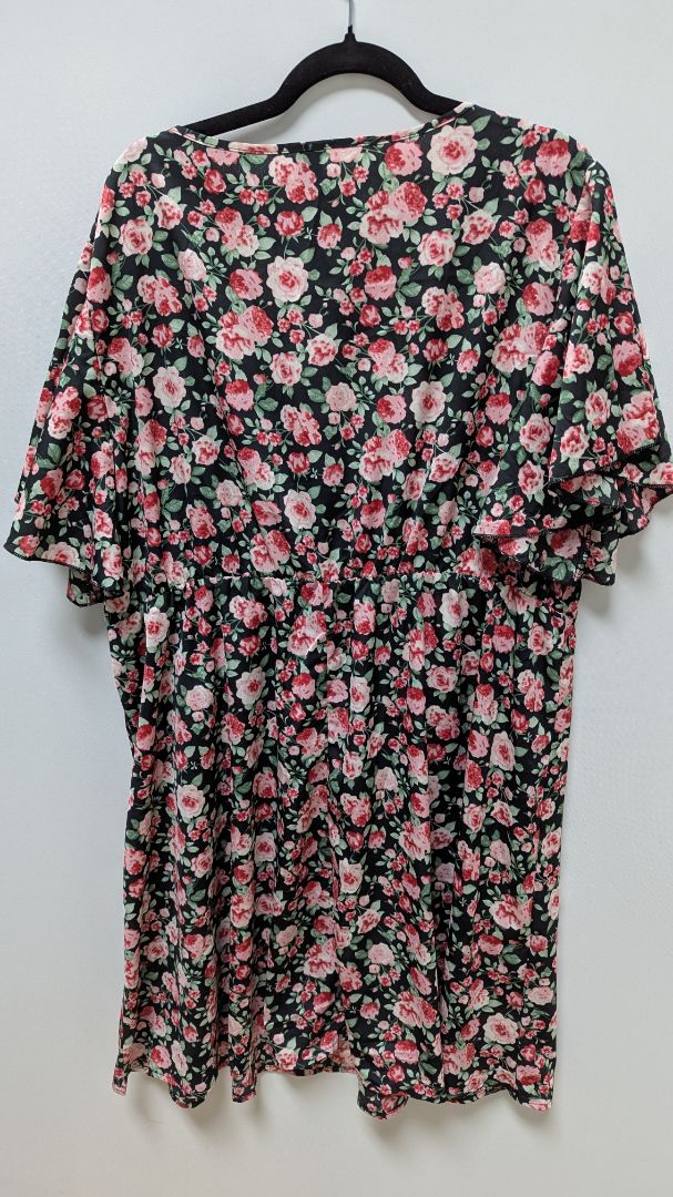 Shein Black/Pink Floral Short-Sleeve Midi Dress