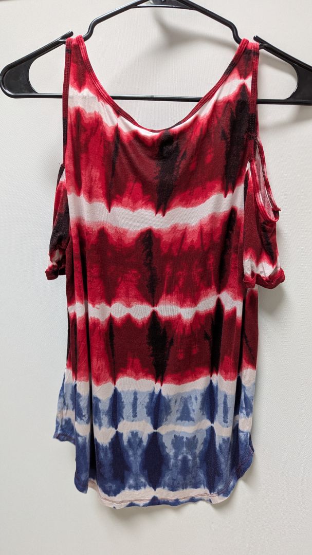 Rock & Republic Red/Blue Tie-Dye Cold-Shoulder Blouse