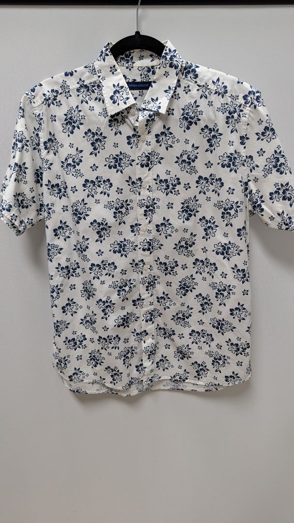 Patrick Assaraf White/Navy Hawaiian Button-Down Shirt