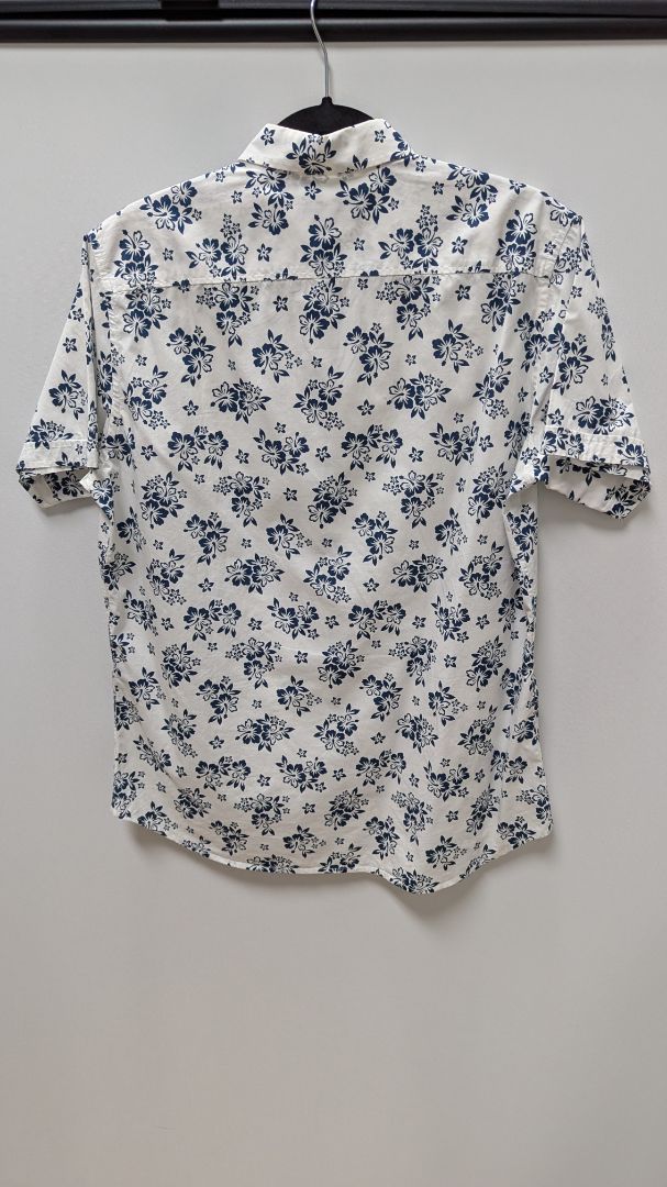 Patrick Assaraf White/Navy Hawaiian Button-Down Shirt