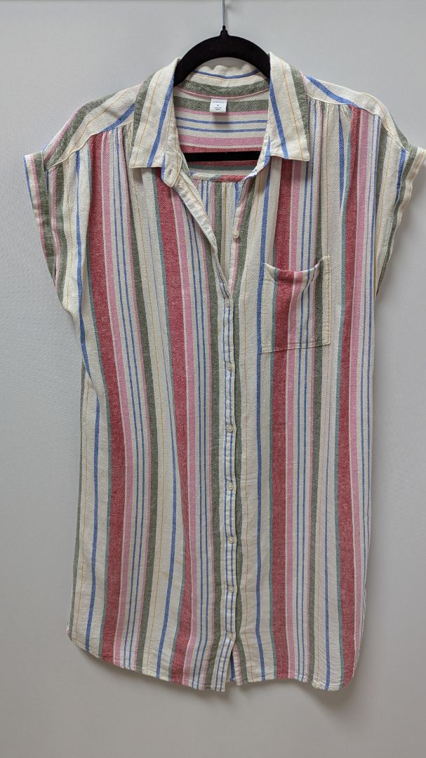 Old Navy Ivory/Multicolor Striped Linen Button-Down Dress