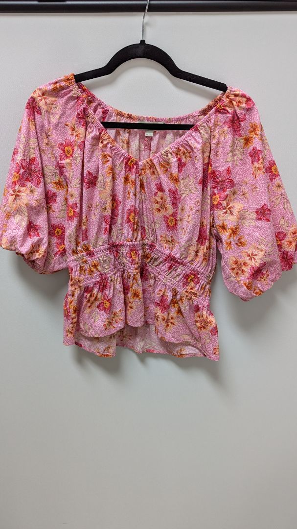 LOFT Pink Floral Lily Gathered Waist V-Neck Blouse