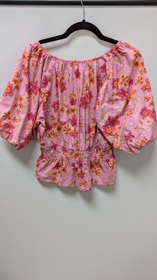 LOFT Pink Floral Lily Gathered Waist V-Neck Blouse