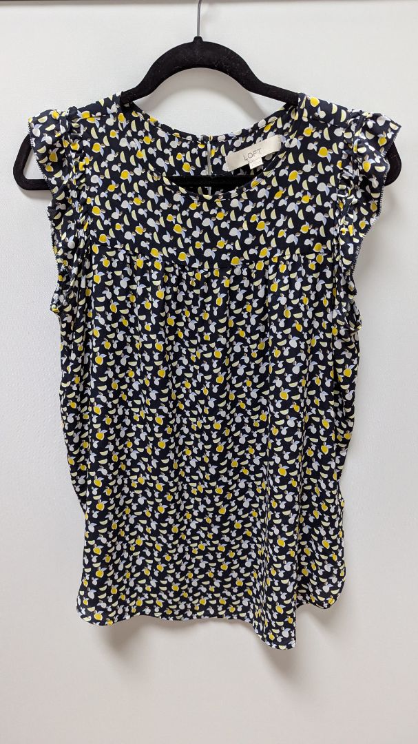 LOFT Navy/Yellow Printed Ruffle-Sleeve Blouse