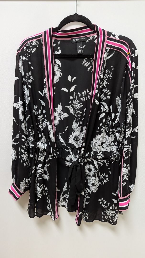 INC Woman Black/Pink Floral Wrap Long-Sleeve Blouse
