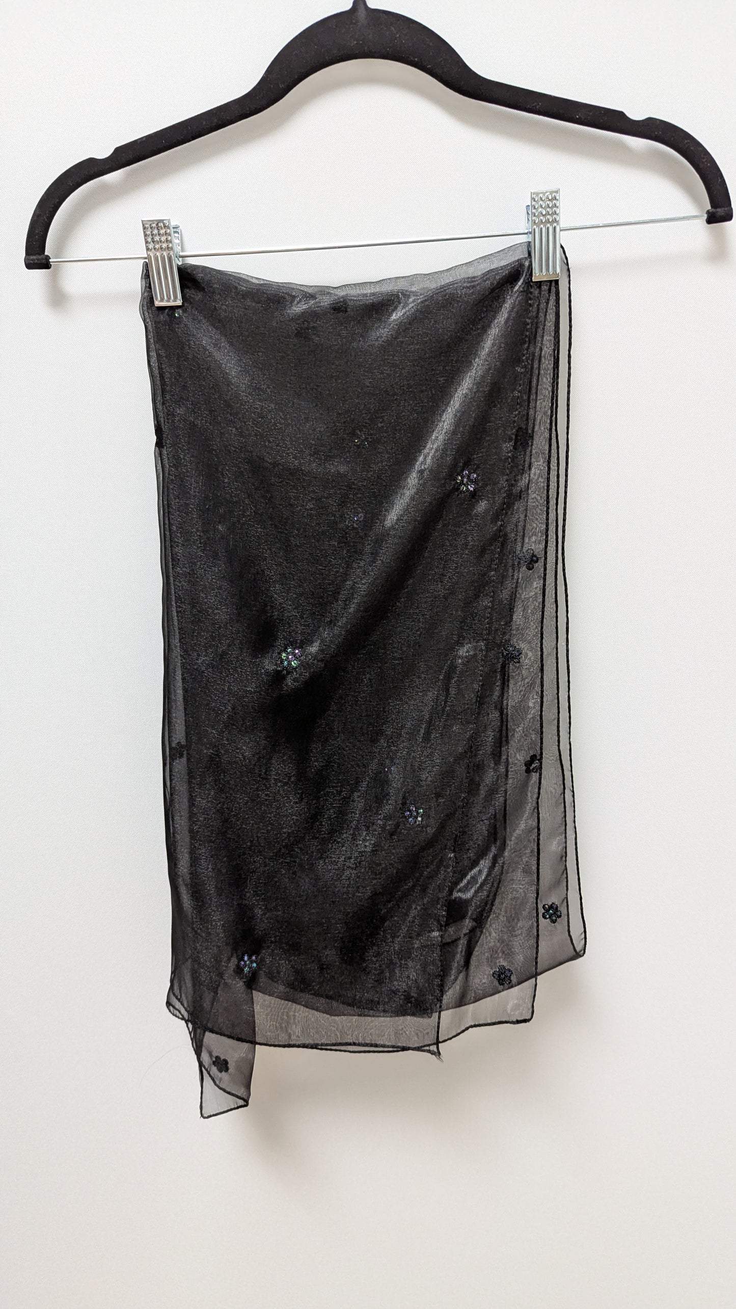 Black Sheer Scarf with Sequin Flowers