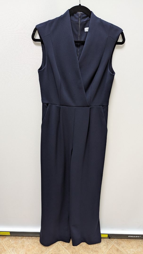 Calvin Klein Navy Sleeveless Faux-Wrap Jumpsuit