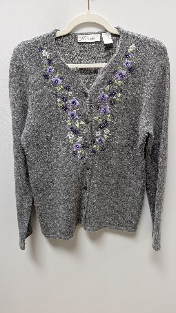 dressbarn Grey Silk & Rabbit Blend Embroidered Cardigan