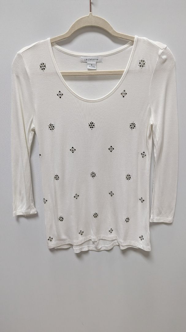 Liz Claiborne White 3/4 Sleeve Rhinestone Flower Blouse