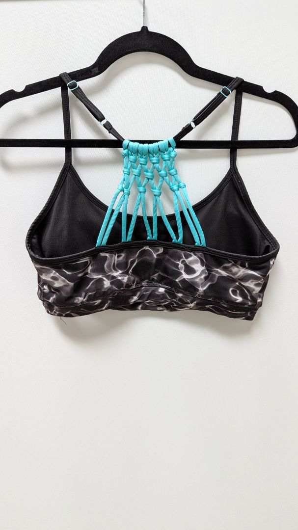 SO Black/White/Teal Macrame Sports Bra