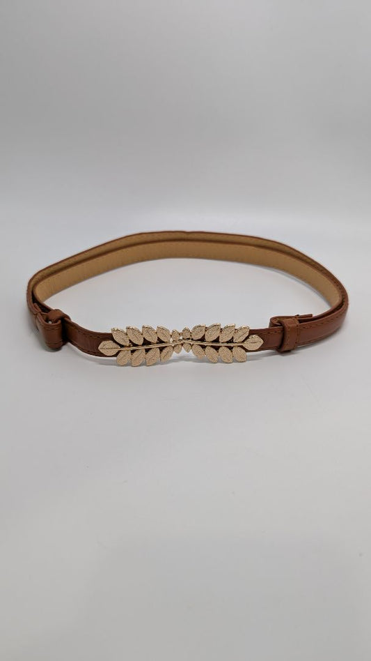 Brown/Gold Faux Leather Leaf Clasp Belt