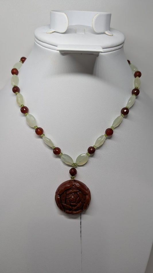 Burgundy & Light Green Rose Pendant Beaded Necklace