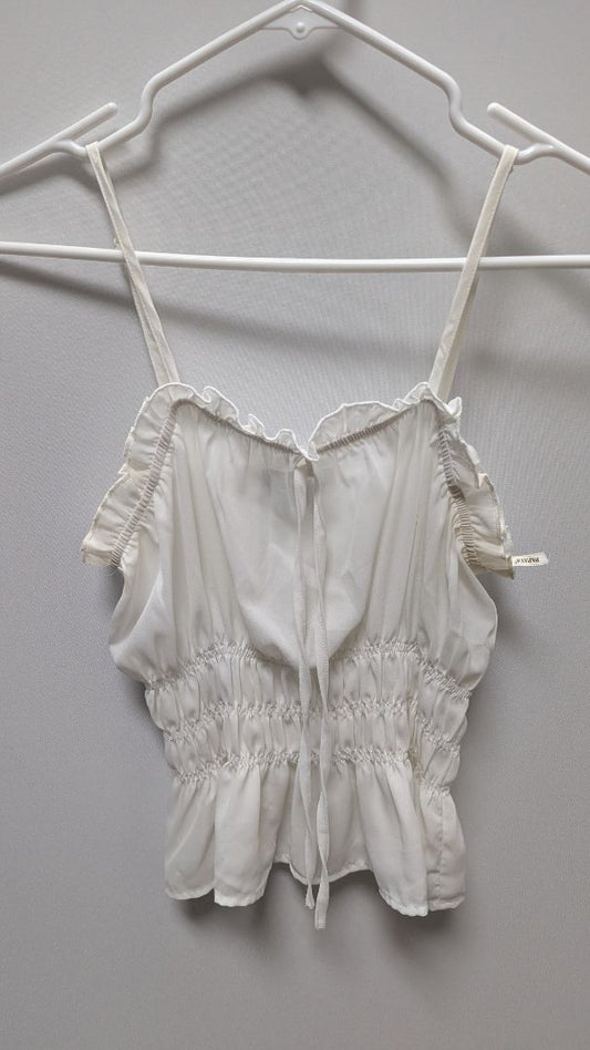 Papaya White Spaghetti Strap Cropped Peasant Blouse