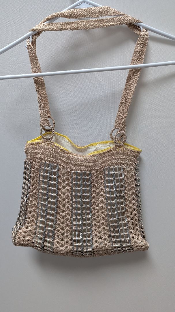 Beige/Silver Crochet Pop-Tabs Tote Bag Purse