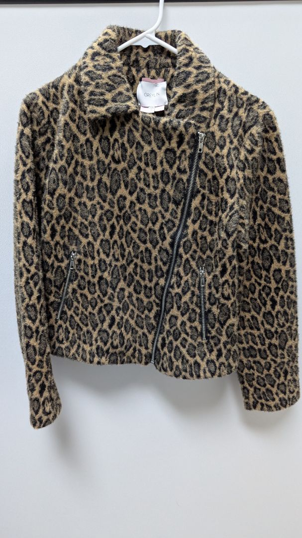 GREYLIN Brown Fuzzy Animal Print Moto Jacket