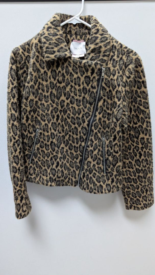 GREYLIN Brown Fuzzy Animal Print Moto Jacket