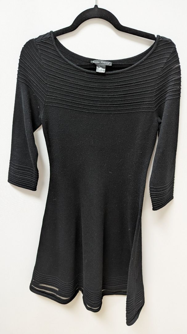Jessica Howard Black Mesh-Hem Knit Flared Dress Recycled Threads Jessica Howard Black Mesh-Hem Knit Flared Dress Recycled Threads
