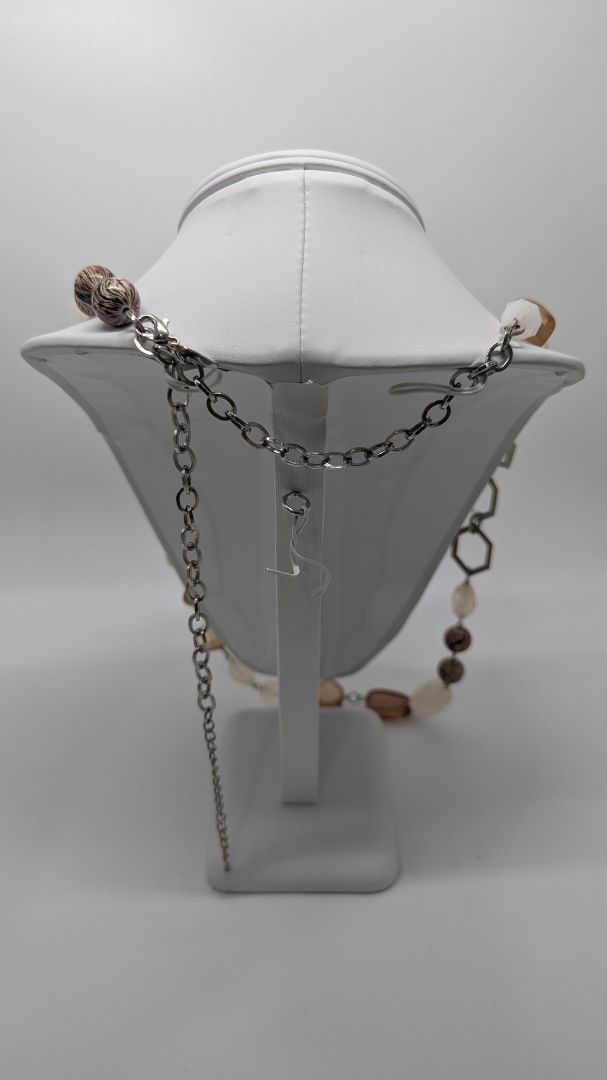 NY Silver/Brown Beaded & Chain Longline Necklace