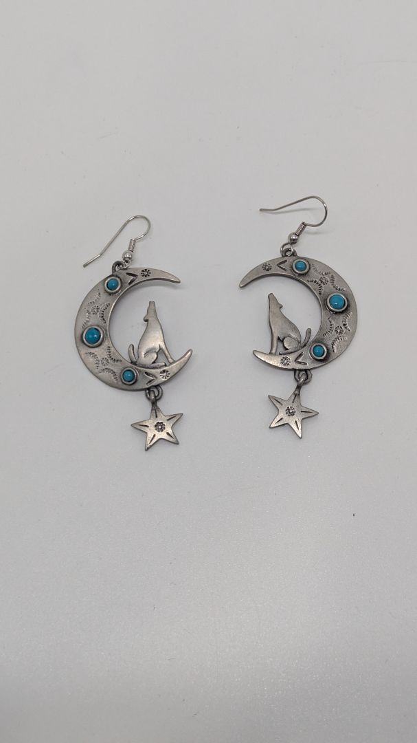 Silver/Turquoise Southwestern Wolf & Moon Earrings