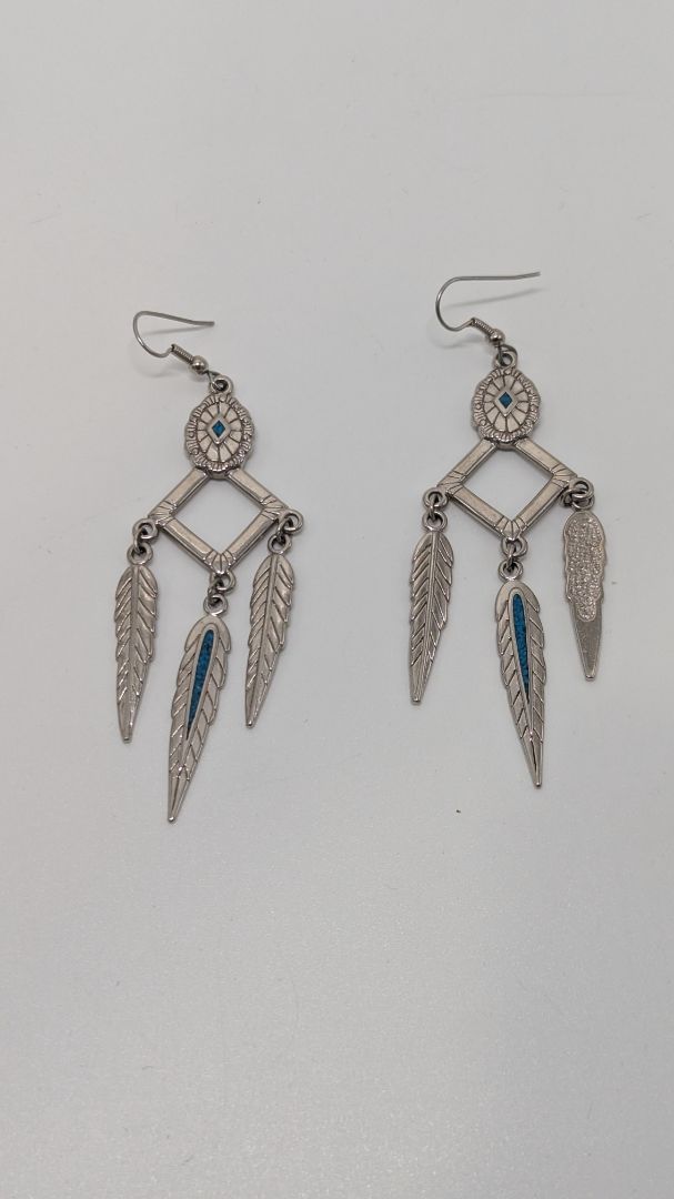 Silver/Blue Triangle Feather Dangle Earrings