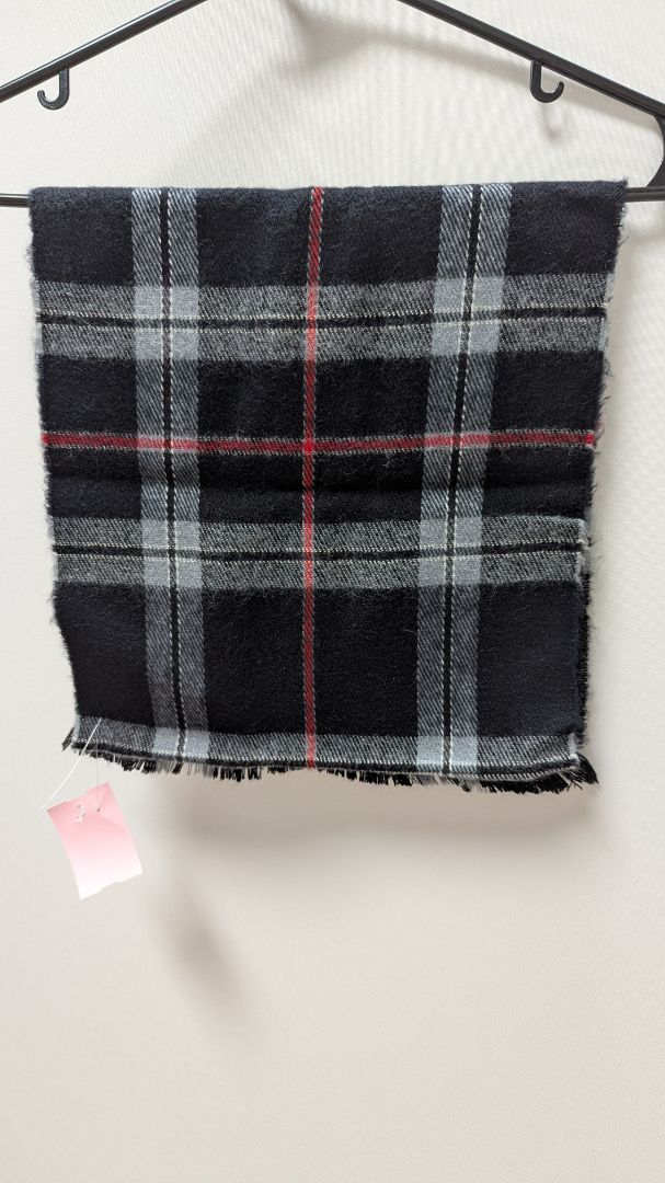 Black/Grey/Red Plaid Knit Fringed Scarf