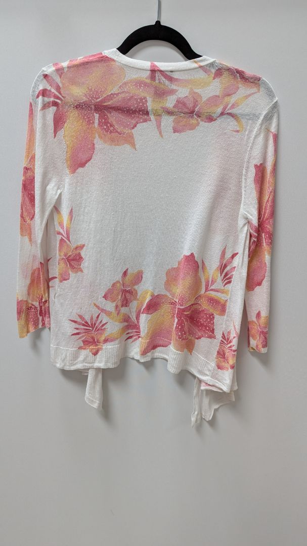 Chico's White/Pink Floral Open-Front Cardigan