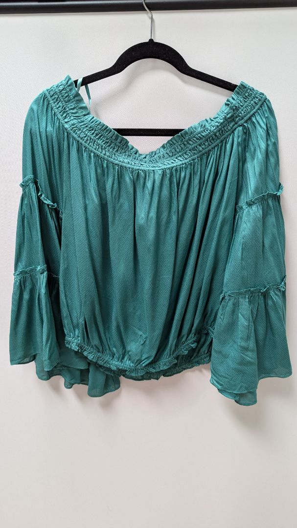 Free People Turquoise Off-The-Shoulder Bell-Sleeve Blouse