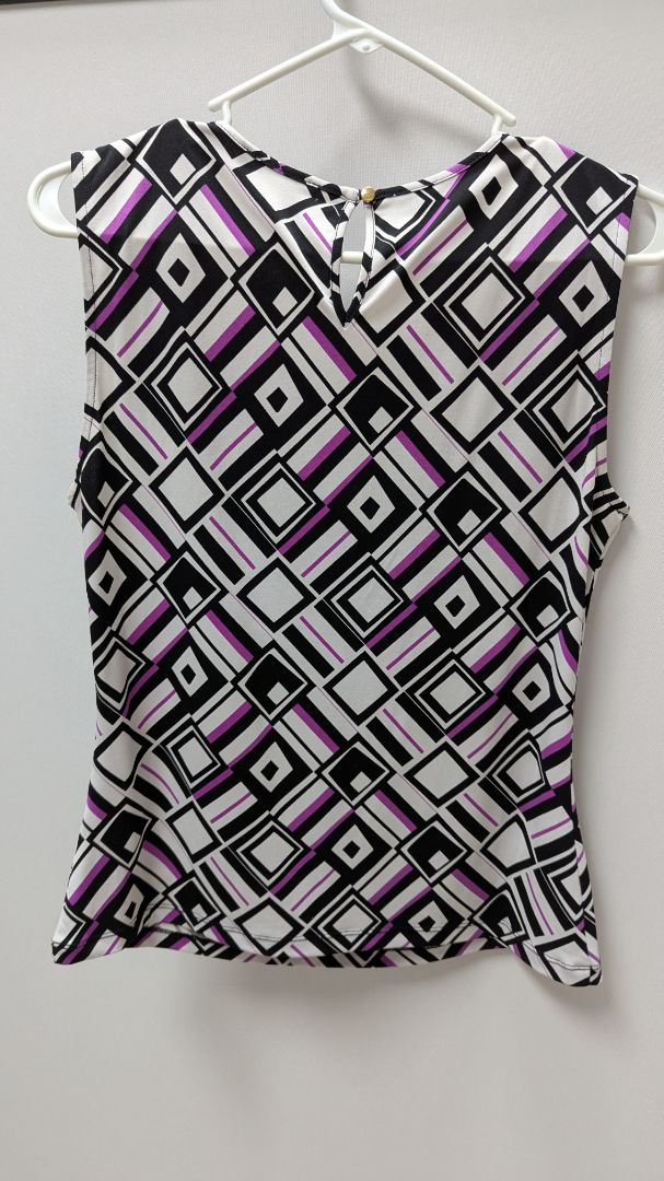 Calvin Klein White/Black/Purple Printed Sleeveless Blouse