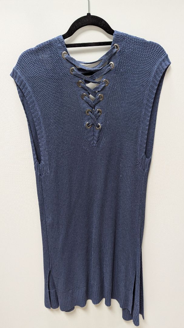 Chico's Dark Blue Knit-Back Open Front Duster Cardigan