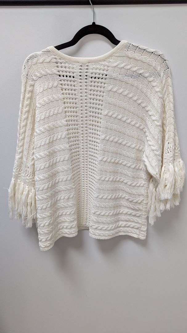 Cabi Ivory White V-Neck Crochet Fringe Sweater