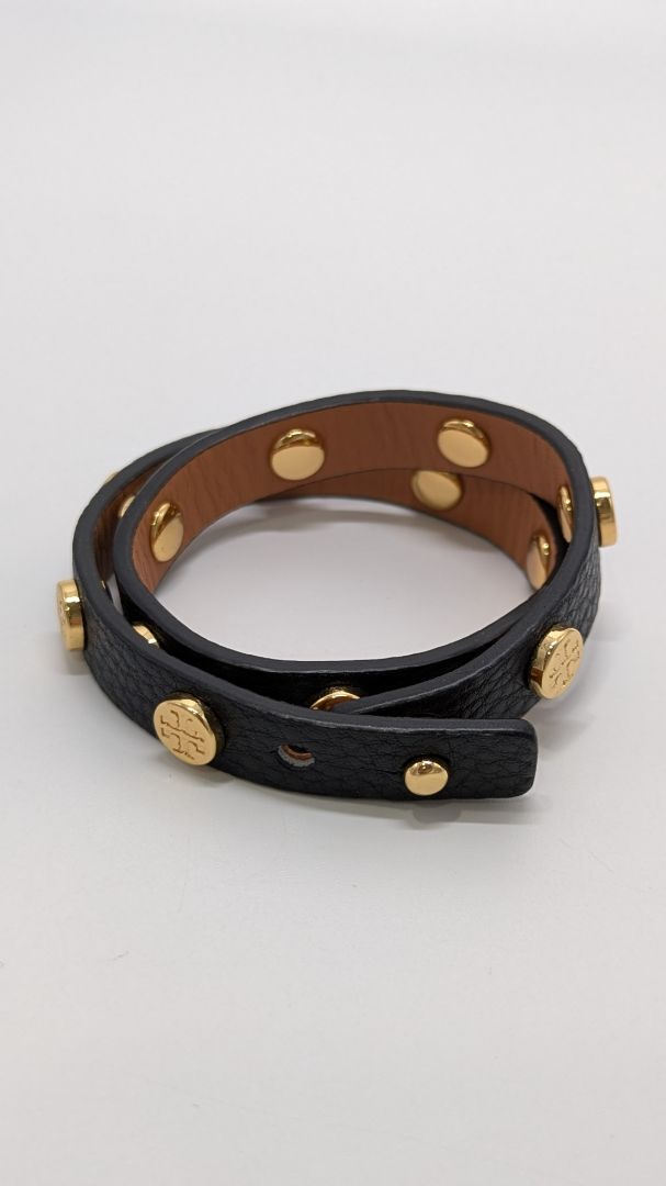 Tory Burch Black Double-Wrap Logo Stud Bracelet