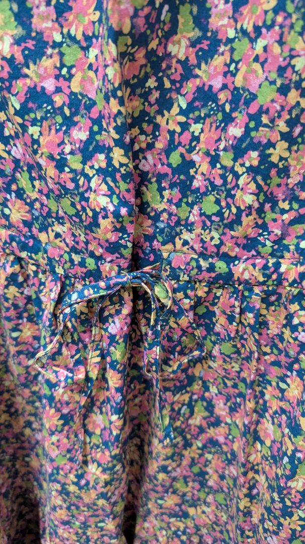 Time and Tru Navy/Pink Floral Drawstring-Waist Peasant Dress
