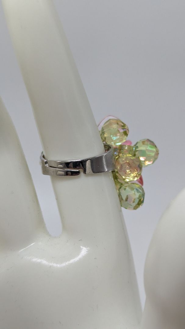 Silver/Pink/Green Beaded Adjustable Ring